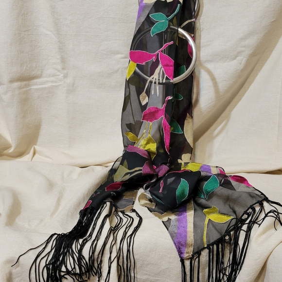 Dramatic Black Sheer Foral Embroidered Tassled  Burnout Scarf - Picture 2 of 4